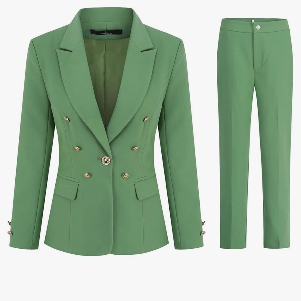 Green Double-Breasted Blazer and Pants Set